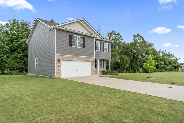 1045 Alta Vista Ln, Smyrna, TN 37167 - view of front of home featuring board and batten siding, stone siding, a garage, driveway, and a front lawn
