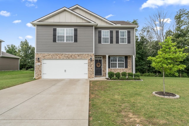 1045 Alta Vista Ln, Smyrna, TN 37167 - view of front of property featuring stone siding, board and batten siding, a front yard, and concrete driveway