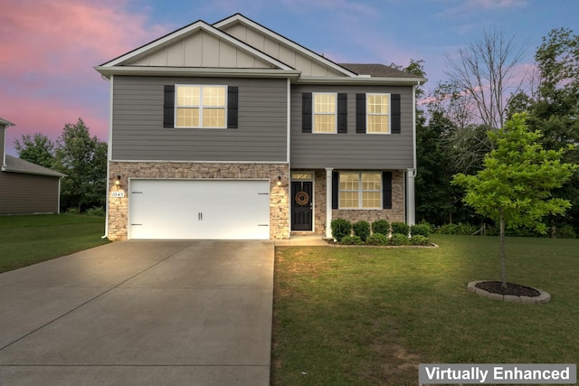 1045 Alta Vista Ln, Smyrna, TN 37167 - view of front of home featuring board and batten siding, stone siding, a front yard, and driveway