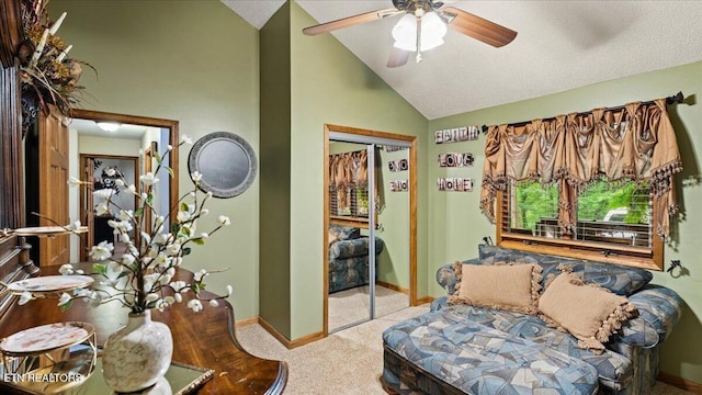 573 Hilltop Dr, Jacksboro, TN 37757 - living room featuring lofted ceiling, carpet floors, and ceiling fan