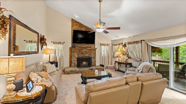 573 Hilltop Dr, Jacksboro, TN 37757 - living area with ceiling fan, a fireplace, carpet flooring, and high vaulted ceiling