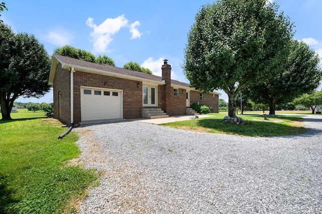 2746 Kinneys Rd, Cedar Hill, TN 37032 - single story home with gravel driveway, a garage, a chimney, entry steps, and a front yard