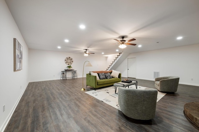 2746 Kinneys Rd, Cedar Hill, TN 37032 - living area with stairway, recessed lighting, wood finished floors, and ceiling fan