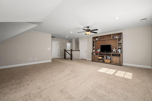 319 Edna May Dr, Murfreesboro, TN 37128 - unfurnished living room featuring carpet floors, a ceiling fan, recessed lighting, and vaulted ceiling