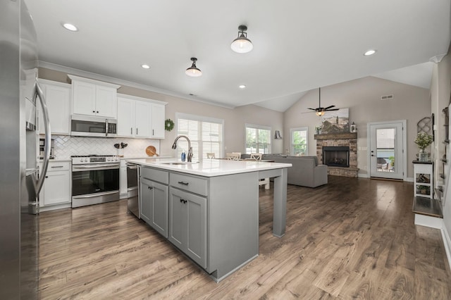 319 Edna May Dr, Murfreesboro, TN 37128 - kitchen with stainless steel appliances, gray cabinets, open floor plan, a fireplace, and a ceiling fan