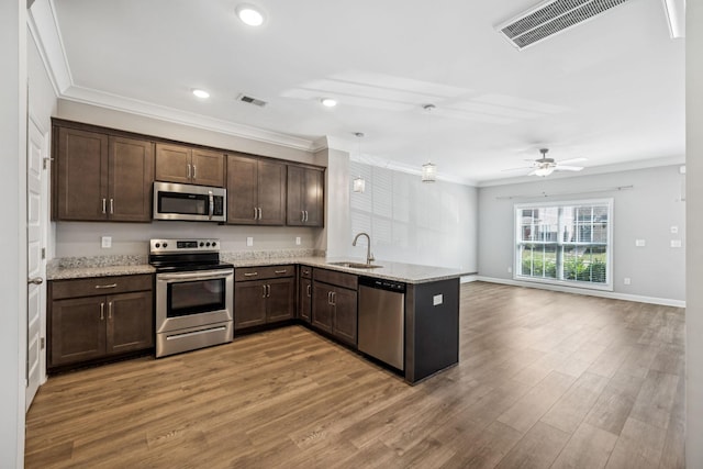 2557 Napa Valley Way, Columbia, TN 38401 - kitchen with appliances with stainless steel finishes, crown molding, dark brown cabinetry, a peninsula, and light wood-style floors