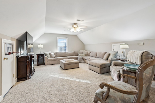 314 W 6th St, Columbia, TN 38401 - living area featuring light colored carpet, vaulted ceiling, and ceiling fan