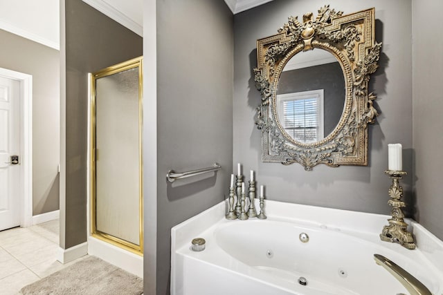 314 W 6th St, Columbia, TN 38401 - full bathroom featuring a shower stall, a tub with jets, tile patterned flooring, and ornamental molding