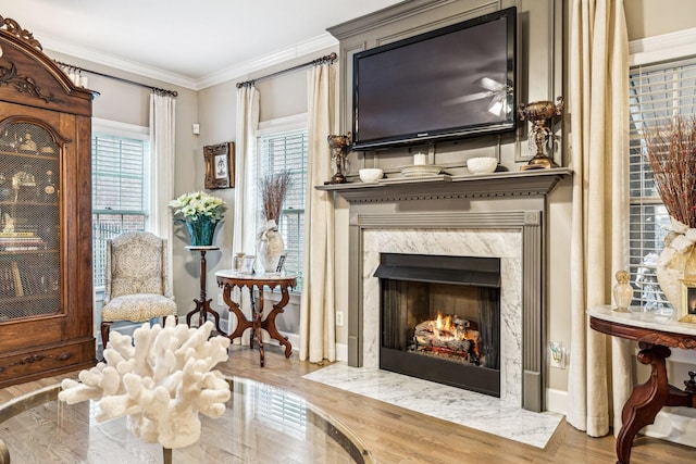314 W 6th St, Columbia, TN 38401 - living room featuring wood finished floors, a fireplace, and crown molding