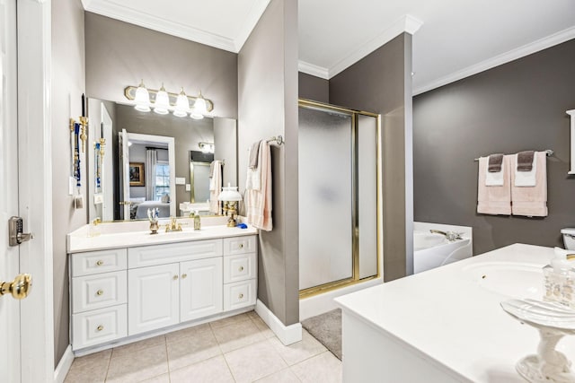 314 W 6th St, Columbia, TN 38401 - bathroom with vanity, a stall shower, a bath, ornamental molding, and tile patterned flooring