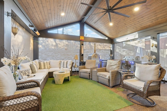 314 W 6th St, Columbia, TN 38401 - sunroom / solarium with an outdoor living space, ceiling fan, a wooden ceiling with exposed beams, carpet flooring, and recessed lighting