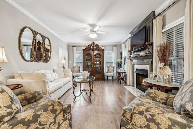 314 W 6th St, Columbia, TN 38401 - living room with ornamental molding, a premium fireplace, wood finished floors, and ceiling fan
