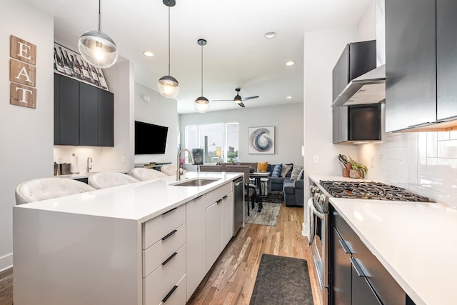 2910 Felicia St Unit 1, Nashville, TN 37209 - kitchen featuring stainless steel appliances, open floor plan, light countertops, light wood-style floors, and modern cabinets