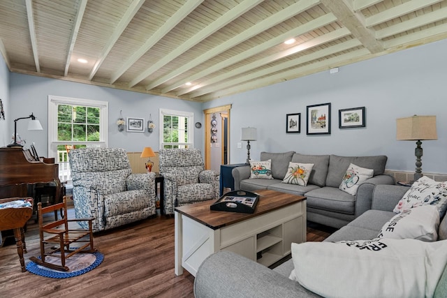 4200 Happy Valley Rd, Flintstone, GA 30725 - living area featuring dark wood-type flooring, beamed ceiling, and recessed lighting