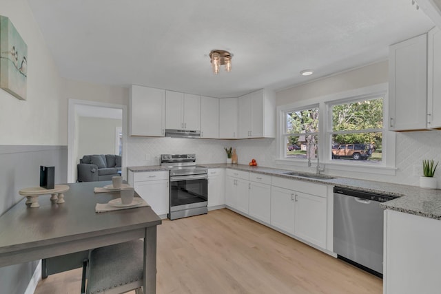 318 Reed St, Portland, TN 37148 - kitchen featuring stainless steel appliances, under cabinet range hood, white cabinetry, tasteful backsplash, and light stone countertops