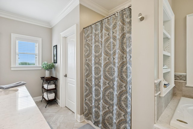 1731 Hudson Rd, Madison, TN 37115 - bathroom with vanity, ornamental molding, and a shower with shower curtain
