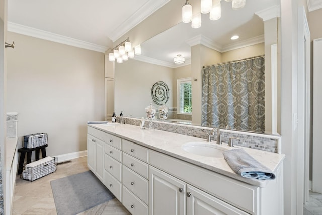 1731 Hudson Rd, Madison, TN 37115 - bathroom featuring double vanity, ornamental molding, and a shower with curtain