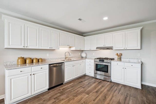 1731 Hudson Rd, Madison, TN 37115 - kitchen featuring stainless steel appliances, under cabinet range hood, white cabinets, dark wood-type flooring, and ornamental molding