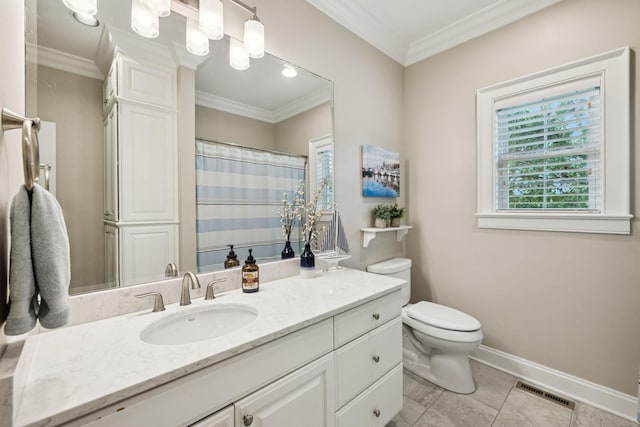 1731 Hudson Rd, Madison, TN 37115 - bathroom featuring healthy amount of natural light, vanity, ornamental molding, tile patterned floors, and a shower with shower curtain