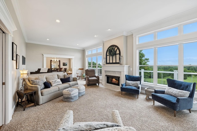 1731 Hudson Rd, Madison, TN 37115 - carpeted living room with ornamental molding, a chandelier, a fireplace, and recessed lighting