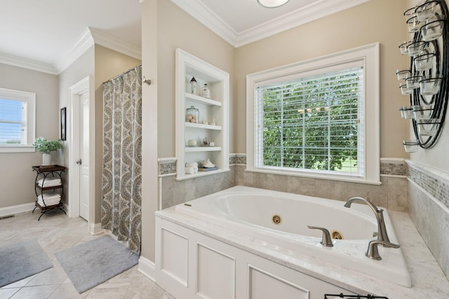 1731 Hudson Rd, Madison, TN 37115 - bathroom with crown molding, a tub with jets, a shower with curtain, and built in shelves