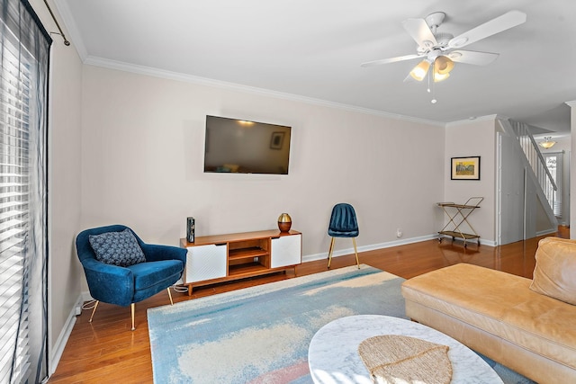 2116 Hobbs Rd Unit K2, Nashville, TN 37215 - living area featuring wood finished floors, crown molding, stairway, and ceiling fan