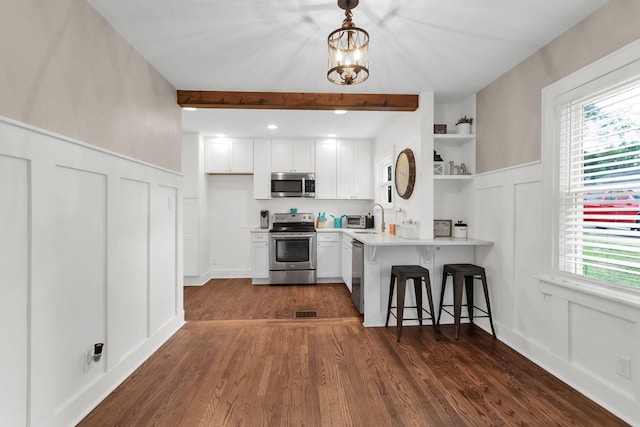 1803 Dimple Ct, Columbia, TN 38401 - kitchen featuring stainless steel appliances, open shelves, a decorative wall, dark wood-style flooring, and healthy amount of natural light