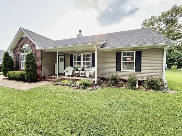 1252 Azure Way, Murfreesboro, TN 37128 - ranch-style house featuring a porch, a front yard, roof with shingles, and a chimney