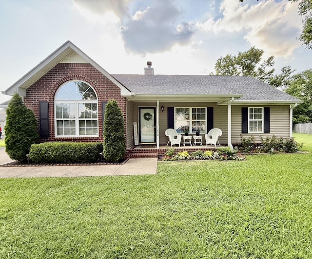 1252 Azure Way, Murfreesboro, TN 37128 - ranch-style home featuring brick siding, covered porch, a front yard, a chimney, and a shingled roof