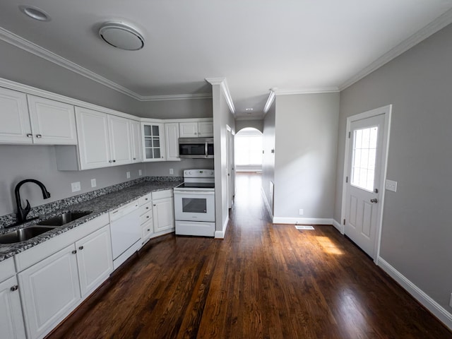 527 32nd Ave S, Nashville, TN 37212 - kitchen featuring white appliances, dark wood-type flooring, stone countertops, white cabinets, and glass insert cabinets