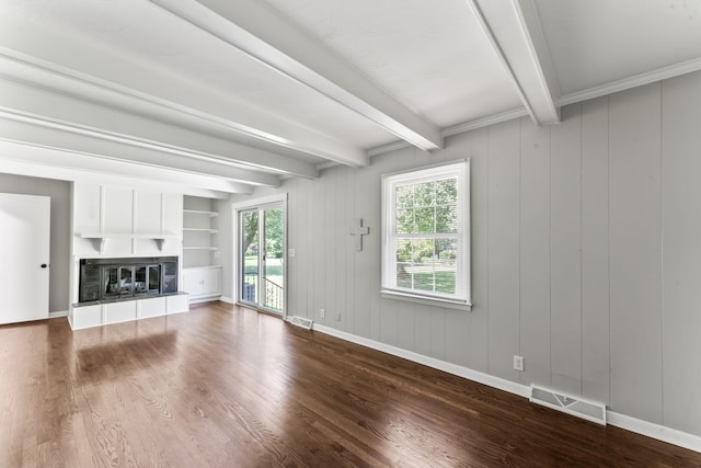 1006 Houston Dr, Murfreesboro, TN 37130 - unfurnished living room with dark wood-type flooring, beamed ceiling, and a glass covered fireplace