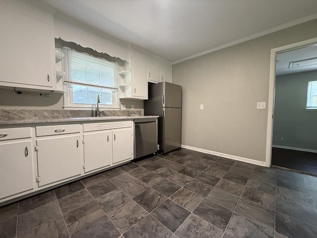 1006 Houston Dr, Murfreesboro, TN 37130 - kitchen with appliances with stainless steel finishes, open shelves, crown molding, white cabinetry, and light countertops