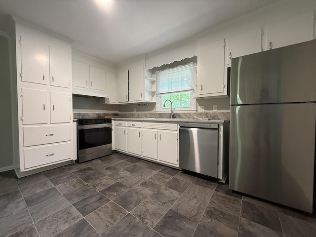 1006 Houston Dr, Murfreesboro, TN 37130 - kitchen with stainless steel appliances, white cabinetry, open shelves, and under cabinet range hood
