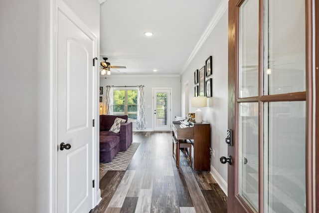 5123 Vinnie Dell Dr, Chapel Hill, TN 37034 - hall featuring ornamental molding, dark wood-type flooring, and recessed lighting
