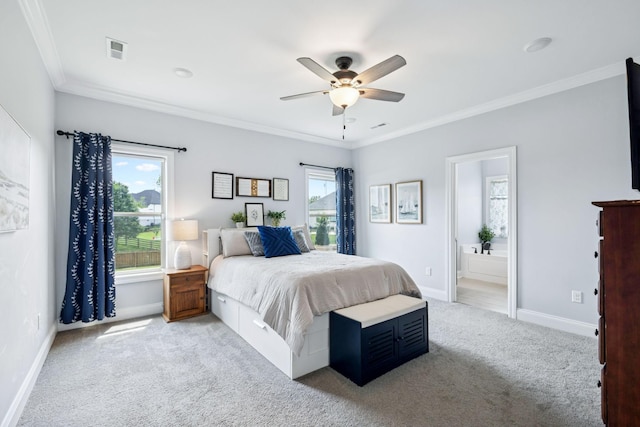 5123 Vinnie Dell Dr, Chapel Hill, TN 37034 - bedroom featuring light colored carpet, ornamental molding, connected bathroom, and a ceiling fan