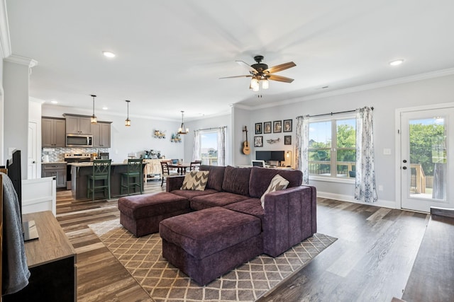 5123 Vinnie Dell Dr, Chapel Hill, TN 37034 - living area with plenty of natural light, ceiling fan, dark wood-style flooring, recessed lighting, and ornamental molding