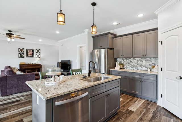 5123 Vinnie Dell Dr, Chapel Hill, TN 37034 - kitchen featuring appliances with stainless steel finishes, gray cabinetry, ornamental molding, open floor plan, and ceiling fan