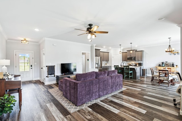 5123 Vinnie Dell Dr, Chapel Hill, TN 37034 - living area with dark wood-style flooring, a ceiling fan, crown molding, recessed lighting, and a chandelier