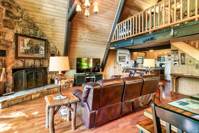 1530 Zurich Rd, Gatlinburg, TN 37738 - living area with a wall mounted air conditioner, high vaulted ceiling, wood finished floors, wooden ceiling, and a fireplace