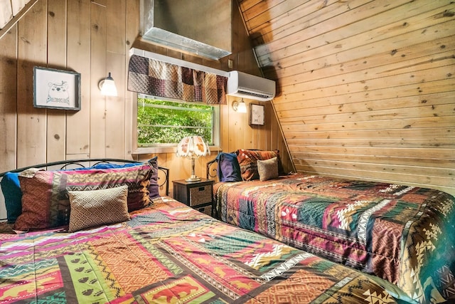 1530 Zurich Rd, Gatlinburg, TN 37738 - bedroom featuring an AC wall unit, wood walls, and lofted ceiling