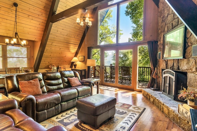 1530 Zurich Rd, Gatlinburg, TN 37738 - living area featuring a chandelier, wooden walls, hardwood / wood-style floors, a wood ceiling with exposed beams, and a stone fireplace