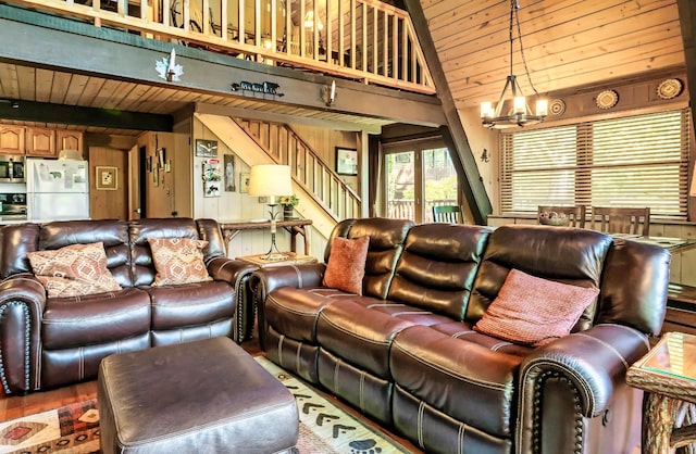 1530 Zurich Rd, Gatlinburg, TN 37738 - living area featuring wood walls, wooden ceiling, wood finished floors, high vaulted ceiling, and stairs