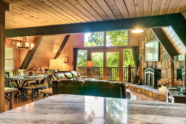1530 Zurich Rd, Gatlinburg, TN 37738 - living room with wood ceiling, a fireplace, a chandelier, wood walls, and wood finished floors