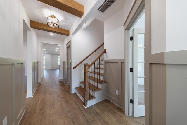 19 Peyton Pl, Columbia, TN 38401 - staircase featuring wood finished floors, beamed ceiling, and recessed lighting