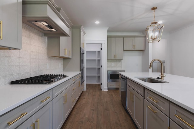 19 Peyton Pl, Columbia, TN 38401 - kitchen featuring appliances with stainless steel finishes, range hood, gray cabinets, light countertops, and ornamental molding
