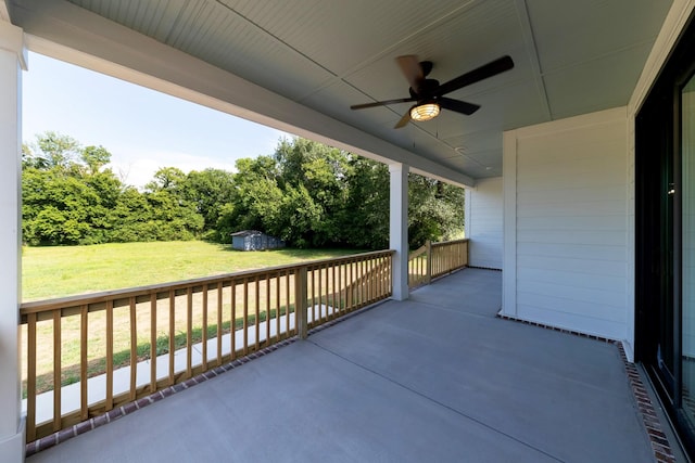 19 Peyton Pl, Columbia, TN 38401 - view of patio featuring ceiling fan and a storage unit