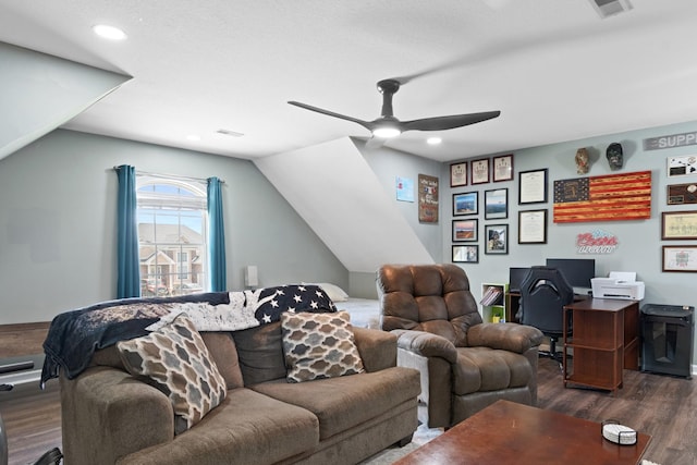 1386 Bruceton Dr, Clarksville, TN 37042 - living area featuring dark wood-type flooring, ceiling fan, a desk, recessed lighting, and lofted ceiling