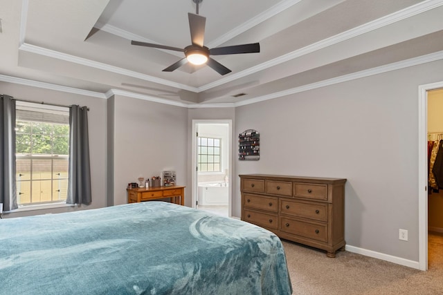 1386 Bruceton Dr, Clarksville, TN 37042 - bedroom featuring a raised ceiling, light carpet, crown molding, connected bathroom, and ceiling fan