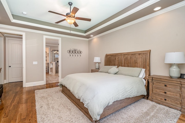 517 Burnett Rd, Mount Juliet, TN 37122 - bedroom featuring wood finished floors, ornamental molding, a tray ceiling, recessed lighting, and a ceiling fan