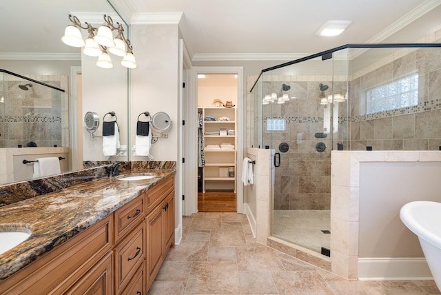 517 Burnett Rd, Mount Juliet, TN 37122 - full bathroom with a shower stall, double vanity, a freestanding bath, ornamental molding, and a spacious closet